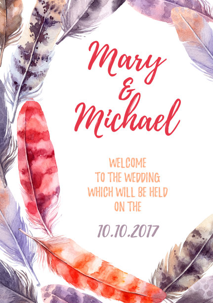 手绘插图-水彩羽毛框架。水彩画设计模板。婚礼的邀请。孤立在白色背景上。完美的邀请，贺卡，海报，印刷品图片下载