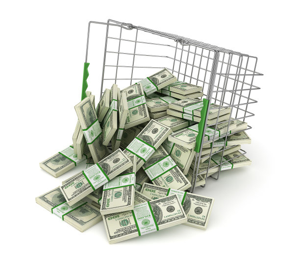 购物篮里的一叠钞票。三维演示图片下载