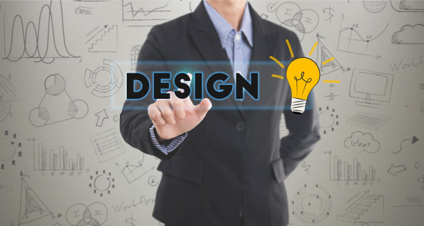 商家手按文字键进行设计。登录虚拟屏幕。可以用于封面页展示和网络横幅。企业创新的概念。图片下载