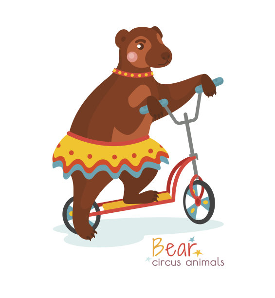 马戏团的熊骑着滑板车，在白色的背景上孤立图片下载