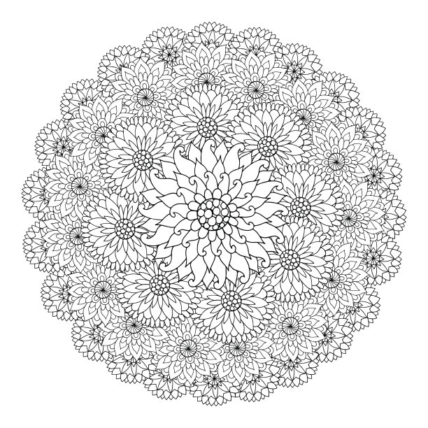 黑白相间的圆形花饰。圆花边花曼陀罗。素材图片