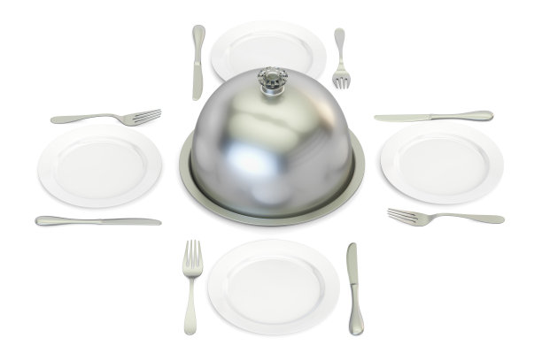 餐厅钟摆与盘子周围，3D渲染图片下载
