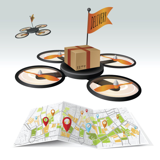 无人机，带着盒子在空中飞行的四旋翼直升机图片下载