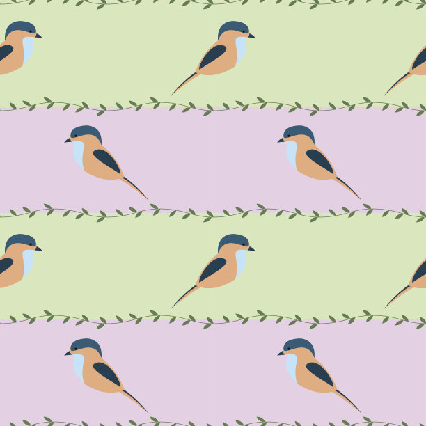 无缝矢量模式与动物。对称的背景与彩色的鸟和树枝在粉红色和绿色的背景。动物和昆虫无缝图案系列。图片下载