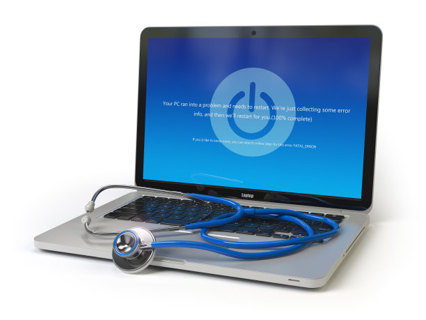 听诊器在笔记本电脑键盘错误信息。计算机诊断防病毒保护图片下载