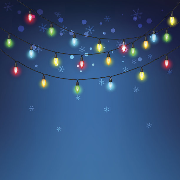 蓝色背景上五颜六色的灯泡和雪花图片下载