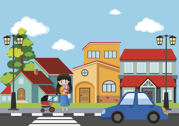 母亲和婴儿在城市过马路图片下载