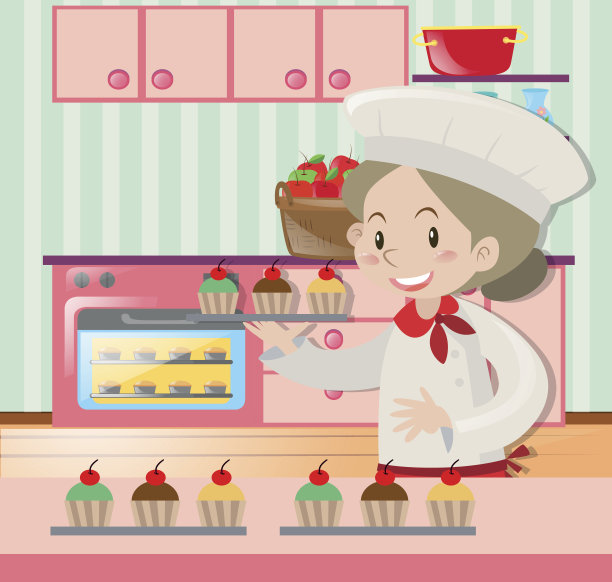 女面包师在厨房烘焙图片下载