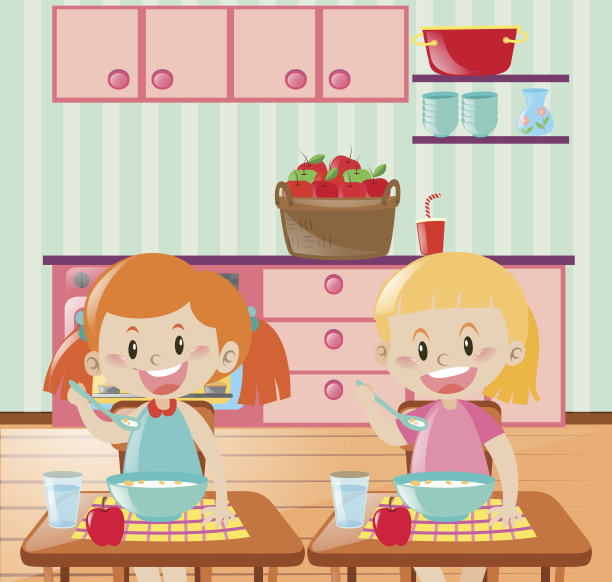 两个孩子在厨房吃早餐图片下载