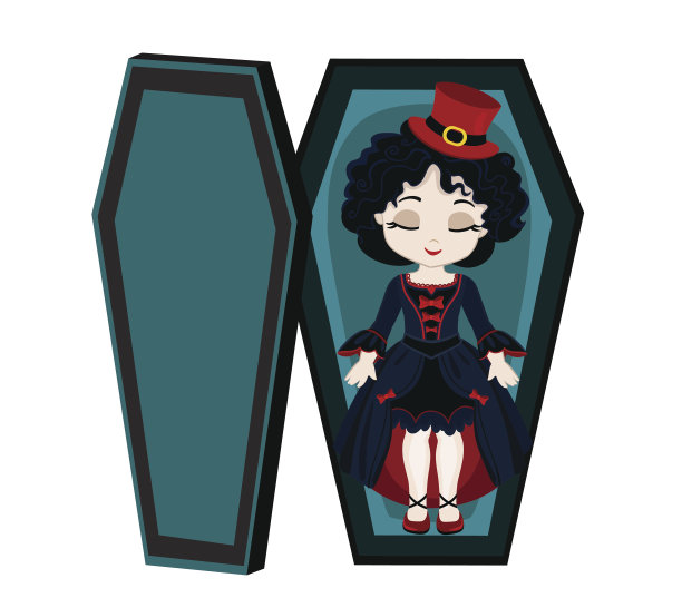 有趣的卡通可爱的吸血鬼女孩睡在她的棺材里。图片下载