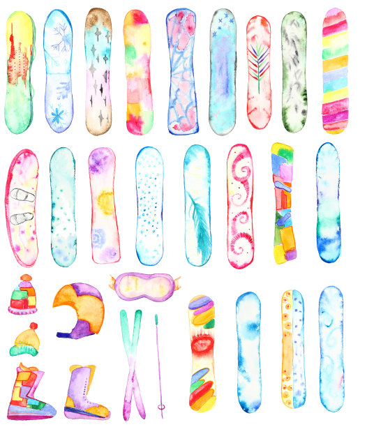 手绘水彩滑雪板套装。图片下载