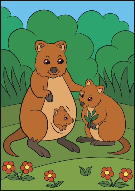 卡通动物。短尾矮袋鼠妈妈和她可爱的宝宝们。图片下载