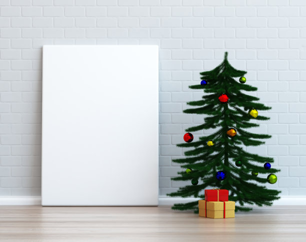 带圣诞树的海报样机，3D渲染图片下载