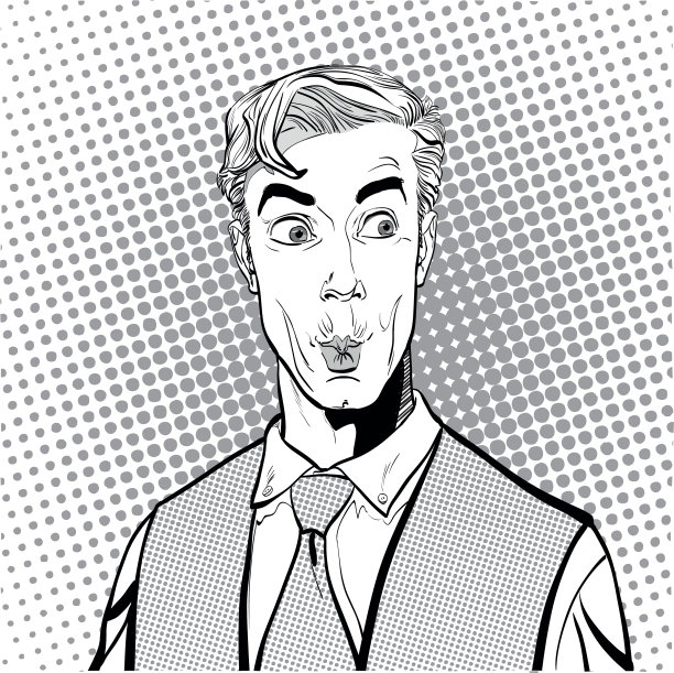 惊讶男人的肖像。惊讶的商人。惊讶的人。广告、促销的概念、构思。波普艺术复古风格的插画。复古风格的人。半色调的背景。问题是什么图片下载