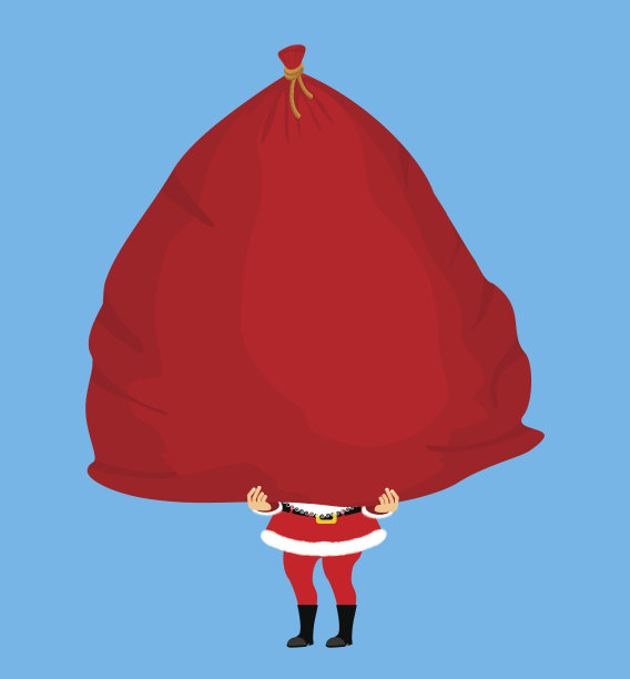 圣诞老人和袋子与礼物隔离。大红色的袋子。圣诞节和新年的礼物。圣诞节模板设计图片下载