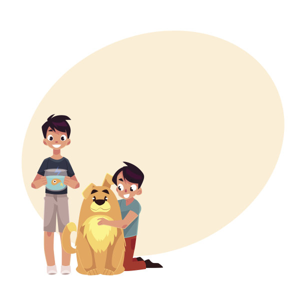 两个小男孩，抱着毛茸茸的狗，抱着鱼缸图片下载