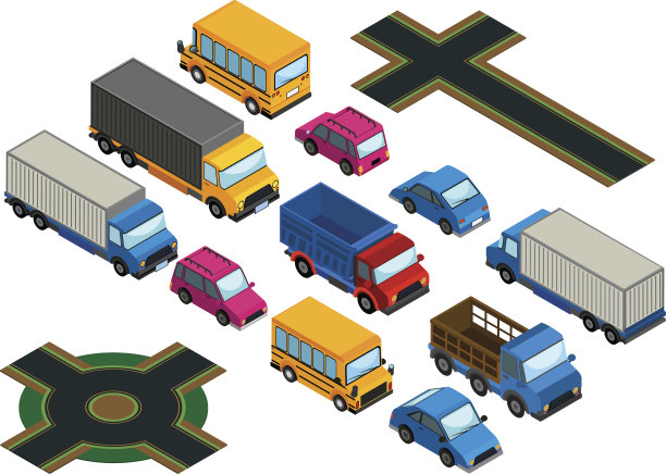 3D设计不同类型的汽车和道路图片下载