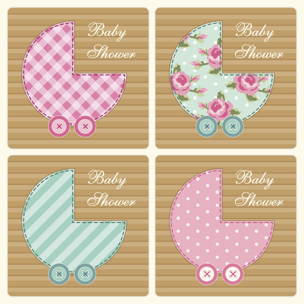 可爱的宝宝派对请柬作为复古面料贴花的婴儿车在破旧别致的风格图片下载