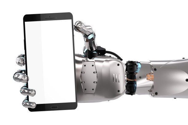 机器人手持黑屏手机素材图片