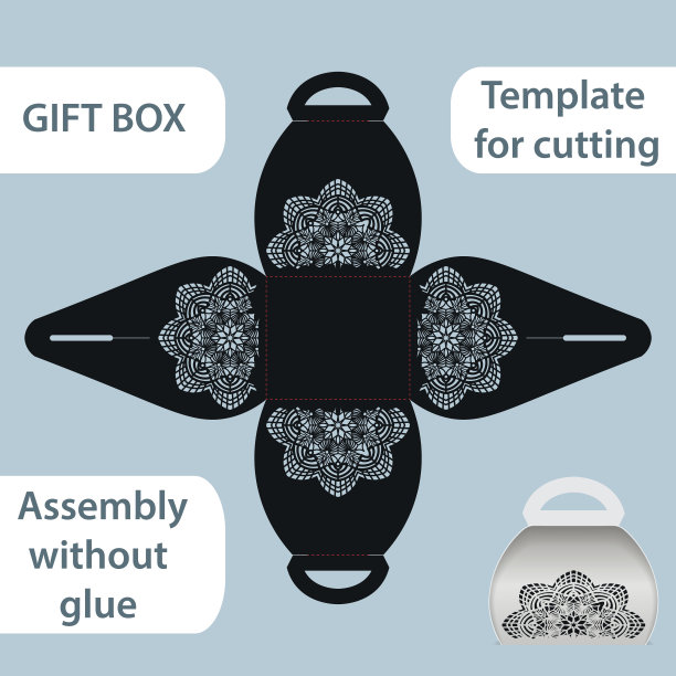 带提手的镂空礼品纸盒，花边图案，无需胶水组装，裁剪模板，零售包装，问候包装，激光切割模板，礼品包装，矢量插图。图片下载