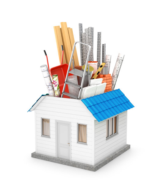 白色背景上带工具的房子。三维演示图片下载