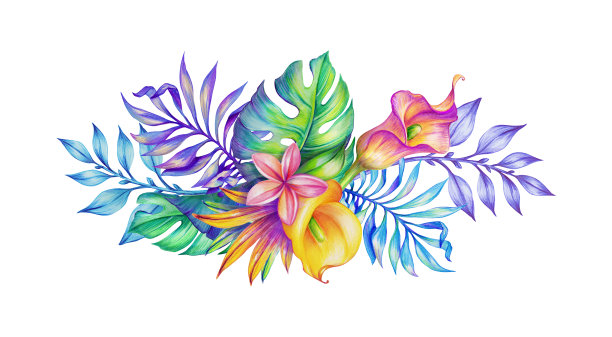 抽象热带树叶花卉水彩插画素材图片