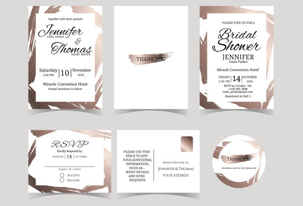 一套婚礼请柬与玫瑰金色调。图片下载