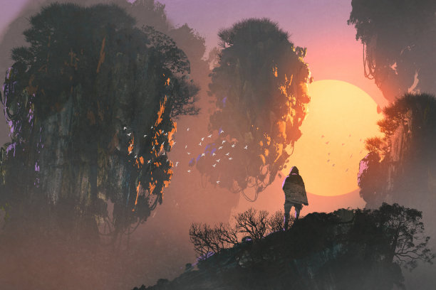 人们看着漂浮的岛屿素材图片