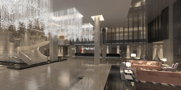 酒店接待大厅内部3D插图图片下载