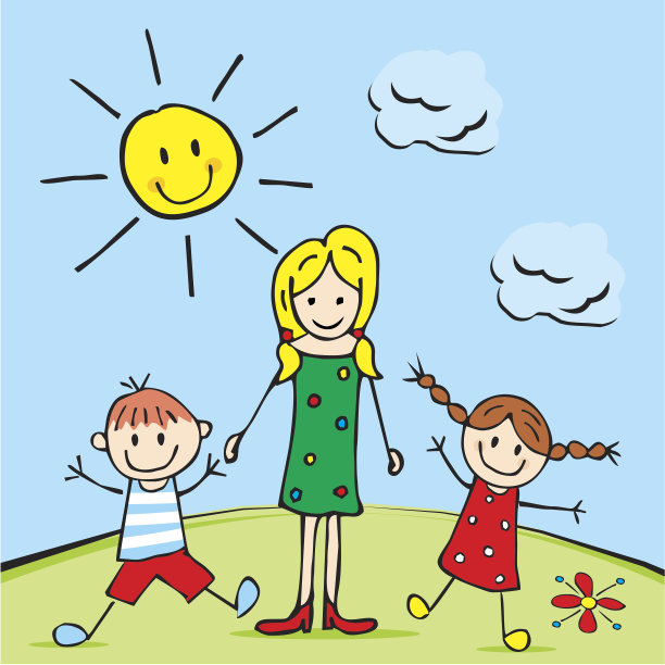 女士和孩子们在草地上，矢量有趣的插图图片下载