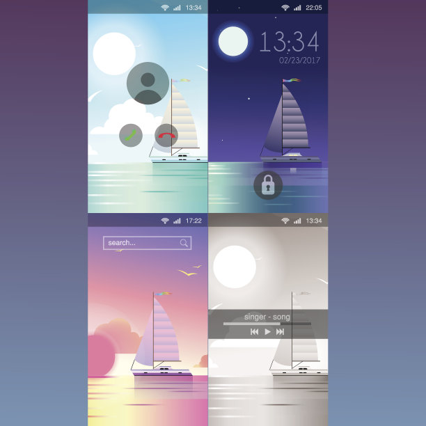 手机壁纸游艇海洋海水风景平坦风格应用程序应用锁屏锁屏来电音乐播放背景模板模型图片下载