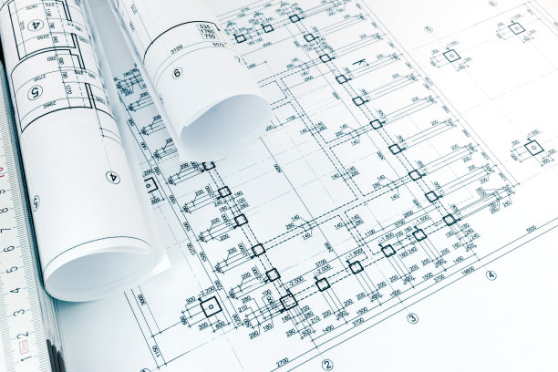 建筑图形项目计划的住宅公寓，滚动蓝图和尺子图片下载