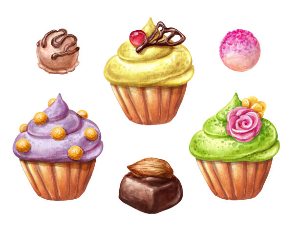 水彩插图，水果纸杯蛋糕集，孤立的白色背景图片下载