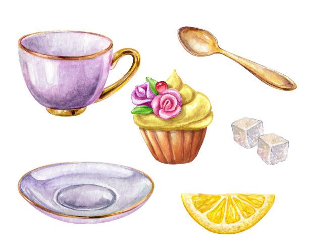 水彩插图，瓷杯，勺子，糖，柠檬，纸杯蛋糕孤立在白色背景图片下载