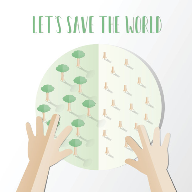 生态学的概念。拯救世界或地球矢量插图，手握地球与一半森林和一半树桩概念与让我们拯救世界文本剪纸风格。素材图片