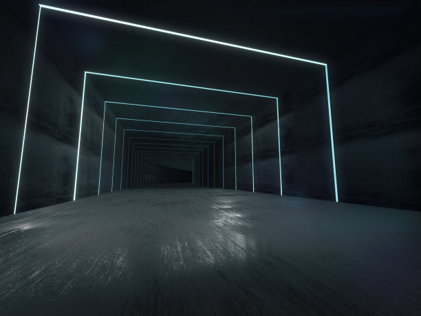 狭长的黑暗走廊内部与未来的光。三维渲染图片下载