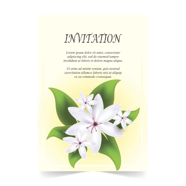 邀请卡，婚礼卡与白色鲜花花束在春天的黄色背景图片下载
