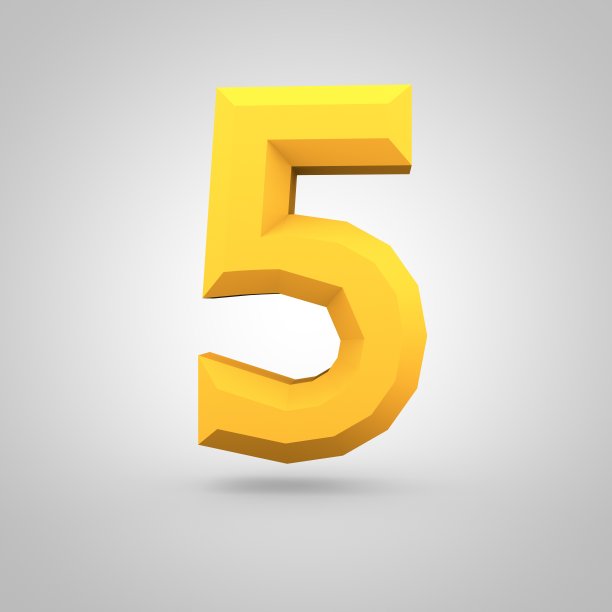 黄色低聚数字5孤立在白色背景。图片下载