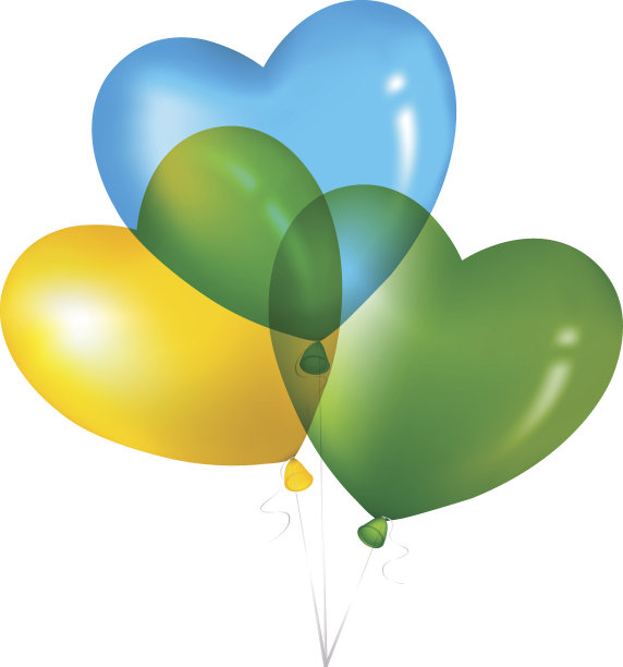 彩色心形气球，黄色，绿色和蓝色图片下载