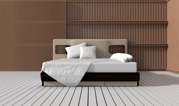 柔和的浅色卧室。以板条墙、白木地板、枕头和毯子装饰。经典卧室的大舒适床。3 d渲染。图片下载
