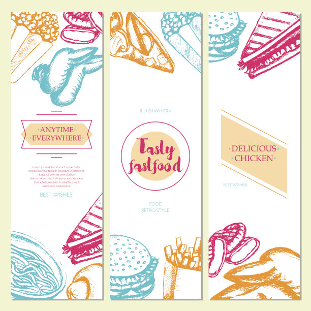 快餐-彩色手绘方形模板横幅。图片下载