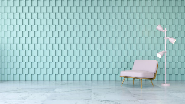 现代的室内设计，粉红色的椅子大理石地板和绿色的方形墙壁，3d渲染图片下载