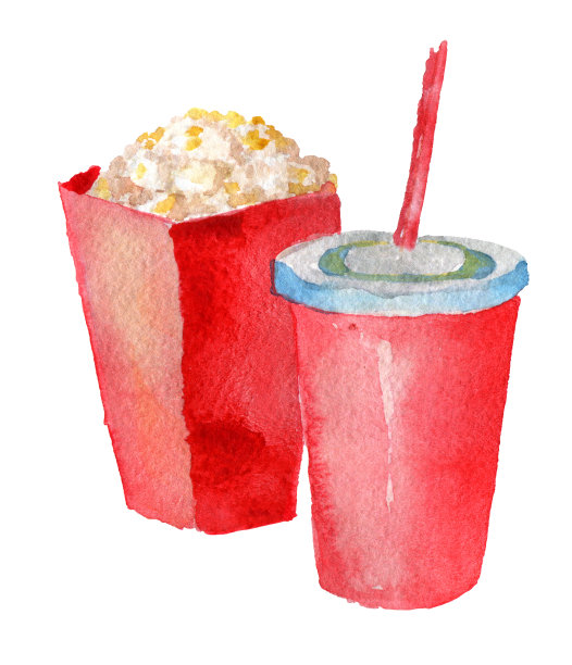 水彩素描纸杯与饮料和爆米花在白色的背景图片下载