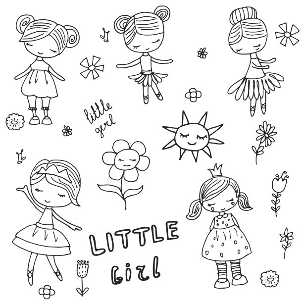 手绘美丽可爱的女孩在白色的背景图片下载