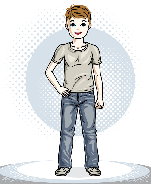 可爱的小男孩站在那里，穿着时尚的休闲装。向量的孩子说明。时尚生活主题卡通。图片下载