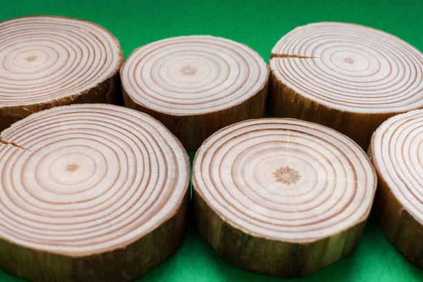 绿色的背景上躺着几根松木锯。有选择性的重点。图片下载