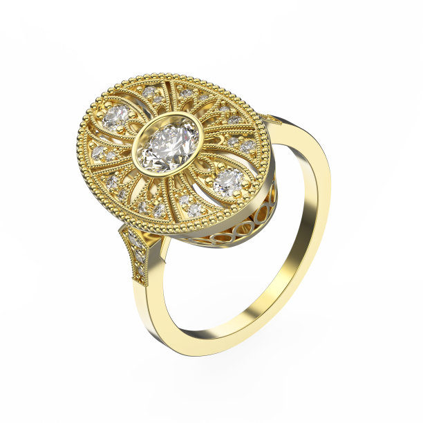 3D插图玫瑰金民族戒指与钻石和装饰品图片下载