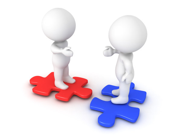 两个3D角色伸出手，坐在相容的拼图块上图片下载