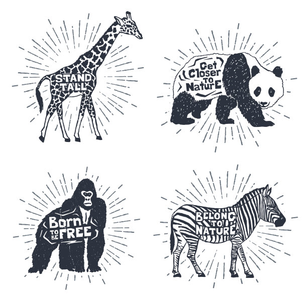 一套手绘标签与动物矢量插图和字母。素材图片