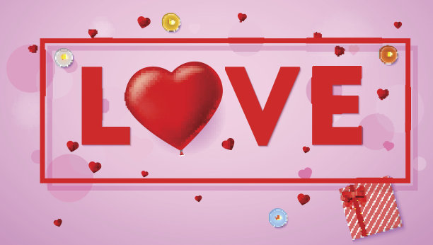 爱的卡片，排版，一个大的红色的心，在一个充气的猩红色气球的形式。俯视图构图与礼盒，蜡烛，金属箔和五彩纸屑图片下载